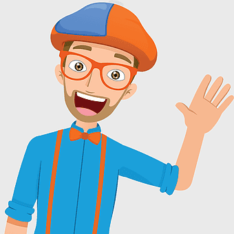 Blippi birthday party, cartoon man with hat, electric blue outfit, party favor ideas, children's educational content, festive character illustration, happy celebration theme
