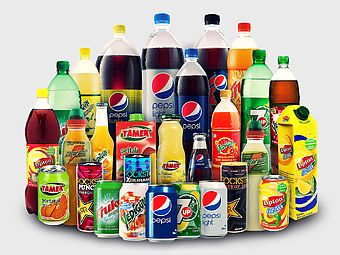 Fizzy drinks collection, Pepsi plastic bottles, juice cartons variety, coffee beverage options, carbonated drinks assortment, soft drink brand display, popular beverage brands array