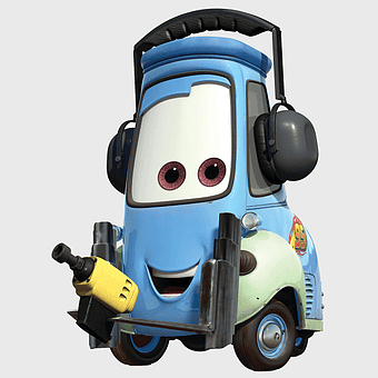 Guido Quaroni, Cars Race-O-Rama, Pixar animation, blue Disney Cars character, forklift vehicle, cartoon machinery, animated vehicle illustration