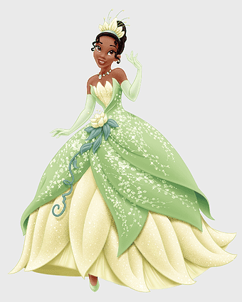 Princess Tiana in green dress, Disney Princess figurine, The Princess and the Frog character, Tiana cartoon, royal fairy tale character, enchanted princess art, whimsical Disney illustration