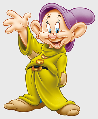 Dopey Seven Dwarfs, Bashful dwarf cartoon, Walt Disney Company character, Snow White and the Seven Dwarfs, whimsical animated figure, cheerful fantasy creature, classic fairy tale iconography