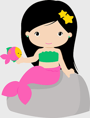 cartoon little mermaid, black-haired mermaid girl, mermaid with fish, mermaid facial expression, underwater fantasy character, whimsical mermaid art, mermaid illustrations