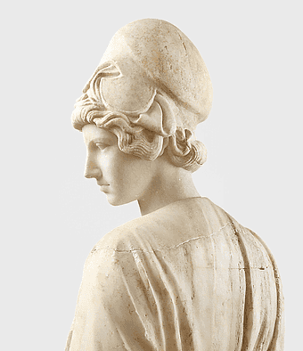 Athena Parthenos bust, ancient Greek stone carving, classical sculpture head, Myron's artwork, marble statue profile, historical artifact replica, cultural heritage figure