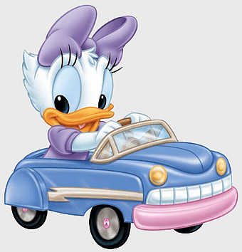 baby Daisy Duck driving car, Disney cartoon characters in vehicles, Mickey Mouse and friends, Disney Baby collection, classic cartoon car ride, animated duck driving, vintage Disney automotive adventure