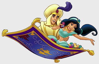 Aladdin and Jasmine flying, Disney Princess Jasmine, magic carpet ride, cartoon Aladdin, Arabian adventure, fairy tale characters, animated fantasy scene