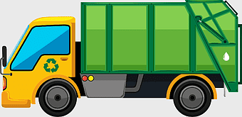 garbage truck, waste collection vehicle, yellow and green trash can, waste management service, recycling bin transport, municipal waste disposal, eco-friendly waste collection