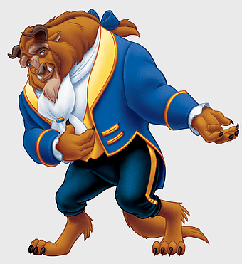 Beauty and the Beast Beast character, Disney Princess Belle, cartoon Beast mascot, action figure Beast, fantasy creature art, animated character design, royal blue costume details