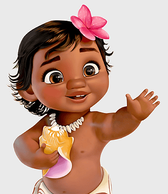 baby Moana illustration, Moana Birthday Party Child, cartoon doll, smile, tropical flower accessory, Polynesian culture, animated character design