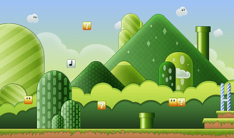Super Mario Bros landscape, Nintendo video game, Super Mario World screenshot, green grass biome, Mario adventure game, pixel art retro gaming, virtual world exploration