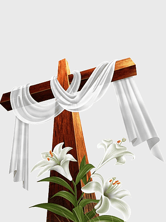 Easter cross illustration, white lilies and cross, religious festival decoration, resurrection symbol, holy week, spiritual iconography, faith and flowers
