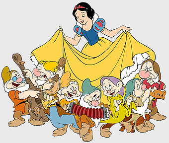 Snow White and the Seven Dwarfs illustration, Bashful and Grumpy characters, Disney animated characters, Snow White with musical instruments, fairy tale princess, classic Disney animation, whimsical cartoon scene