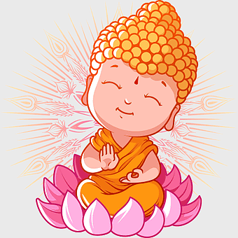 cartoon monk bhikkhu, children's cartoon Buddhism, lotus position meditation, orange robe character, spiritual enlightenment art, playful religious illustration, serene baby Buddha