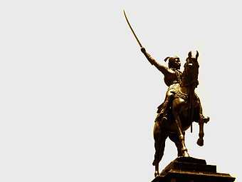 Chhatrapati Shivaji Maharaj statue, Maratha Empire bronze sculpture, man on horse holding sword, Western India monument, historical warrior figure, equestrian statue art, Indian heritage iconography