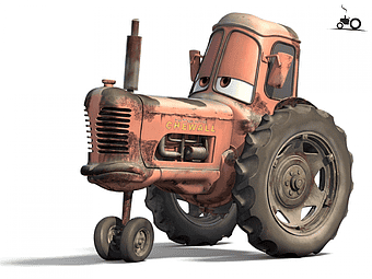 Cars Mater tractor, Pixar vehicle illustration, agricultural machinery art, Disney tractor character, farm equipment animation, cartoon farm vehicle, tractor character design