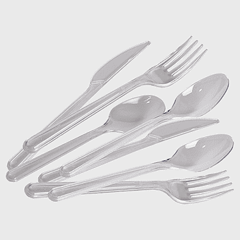 plastic cutlery set, disposable fork knife spoon, clear plastic utensils, single-use tableware, eco-friendly alternatives, sustainable dining options, waste reduction tools