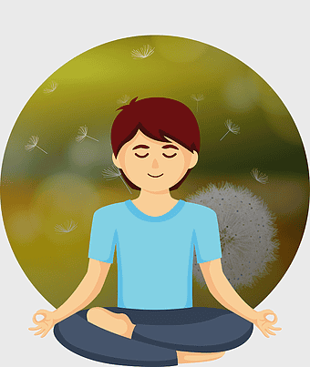 mental health meditation, stress management techniques, child mindfulness practice, anxiety relief methods, peaceful child, serene meditation pose, dandelion mindfulness scene