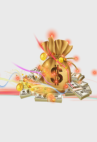 dollar cash bag, US dollar banknotes, gold coins, sprinkle money, financial wealth, money illustration, currency assets