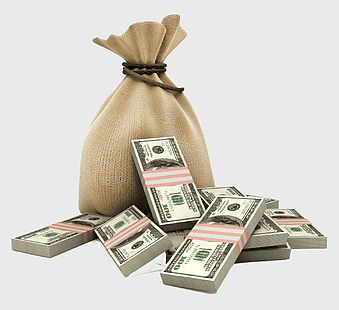 bundle of U.S. dollar banknotes, money bag with cash, hundred dollar bills, installment loan payments, financial savings illustration, wealth accumulation, cash management tools