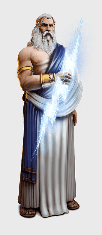 Zeus Grepolis Greek god, twelve Olympians mythology, fictional character costume, Zeus holding lightning, ancient Greek figure, mythical deity representation, Grepolis game art