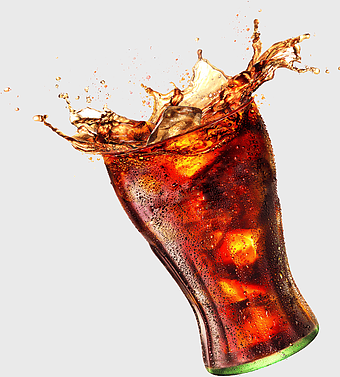 Coca-Cola, carbonated beverage, splashing drink, clear glass, soda refreshment, fizzy drink illustration, beverage splash effect, soft drink imagery
