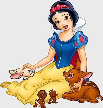 Snow White cartoon character, Disney Princess Snow White, Snow White with forest animals, Snow White sitting with animals, fairy tale princess, enchanted forest scene, classic Disney animation