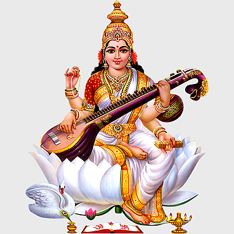 Hindu goddess illustration, Lakshmi Veena, mythology art, Saraswati deity, divine lotus, spiritual iconography, cultural heritage