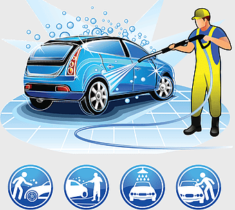 compact car wash service, blue car cleaning illustration, roadside assistance car wash, electric blue vehicle wash, car wash technology services, auto detailing beauty care, vehicle maintenance illustration