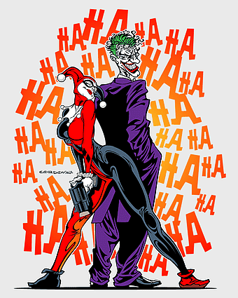 Harley Quinn and Joker, Batman comic book characters, Gotham City villains, Robin superhero, villainous duo illustration, comic art showcased, dynamic comic art style