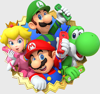 Mario Party 10 characters, Super Mario Bros figurines, Luigi and Yoshi with Wii remotes, Princess Peach holding controller, Nintendo gaming mascots, Mario Luigi Superstar Saga toys, Mario and friends interactive play
