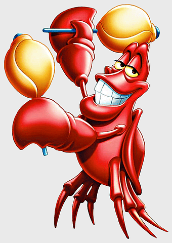 Sebastian Disney character, Little Mermaid cartoon, red lobster holding rod, fantasy sea creature, animated musical instrument, underwater mythical being, Disney aquatic character
