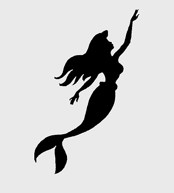 Ariel silhouette, Disney Princess monochrome, Little Mermaid stencil, jumping mermaid, fantasy character art, mythical creature illustration, black and white fairy tale