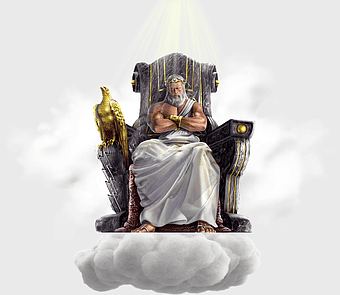 Zeus on Mount Olympus, twelve Olympians figurine, Zeus seated in throne, ancient Greek mythological statue, divine Greek gods, Olympian deity representation, celestial throne of gods illustration