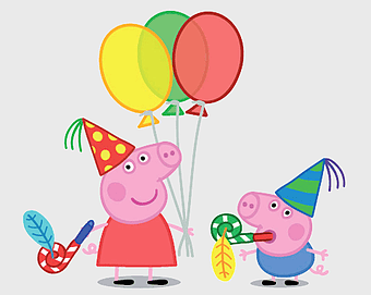 Peppa Pig birthday party, George Pig holding balloons, Peppa Pig with party hat, Peppa Pig and George Pig celebration, children's birthday party, cartoon pig characters, festive animal party scene