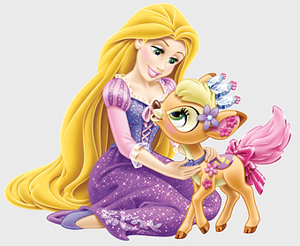 Rapunzel Disney Princess, Palace Pets Rapunzel, purple princess dress, cartoon pet pony, magical fairy tale character, enchanted princess companion, whimsical Disney art