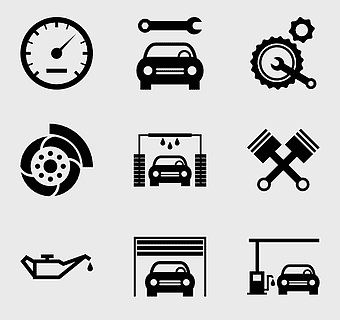 Car maintenance icons, motor vehicle service symbols, auto mechanic logo, automobile repair shop branding, vehicle diagnostics tools, automotive technology graphics, monochrome transport design