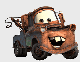 Disney Pixar Cars Tow Mater, Cars Mater-National Championship, vintage tow truck, Pixar vehicle illustration, animated car character, rusty tow truck, cartoon automotive design