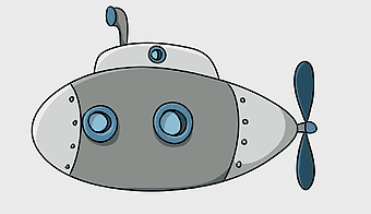 cartoon submarine, blue and gray drawing, technological submarine illustration, submarine with smile, underwater vehicle art, nautical cartoon design, aquatic vehicle graphic