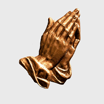 praying hands figurine, brass religious statue, faith and prayer symbol, hope and mercy icon, spiritual hands sculpture, divine worship art, sacred metal ornament
