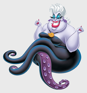 Ursula Disney villain, purple octopus character, Little Mermaid antagonist, Disney Cattivi illustration, mythical sea witch, animated fantasy creature, iconic Disney villain