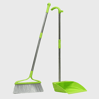 green-and-grey broom set, waste broom shovel, household cleaning supply, municipal solid waste disposal, eco-friendly cleaning tools, indoor hygiene essentials, green cleaning accessories
