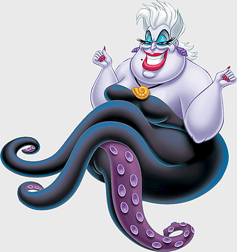 Disney Ursula illustration, sea witch character, purple octopus tentacles, villain costume design, mythical sea creature, animated Disney villain, fantasy mermaid antagonist
