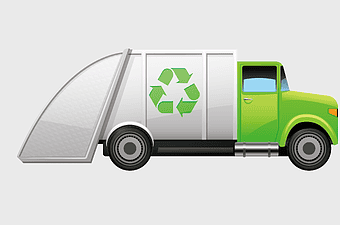 green and grey garbage truck, waste management vehicle, recycling truck icon, eco-friendly trash collection, municipal waste service, sustainable waste disposal, cartoon garbage truck design