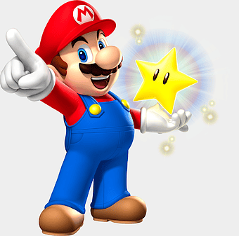 Super Mario Bros character, Mario holding star, Nintendo video game mascot, Super Mario 64 DS gameplay, Mario cartoon illustration, gaming icon figure, Super Mario series art