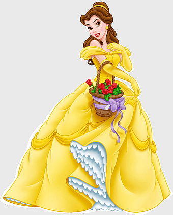 Belle Disney Princess, yellow ball gown, Beauty and the Beast character, basket of roses, fairy tale princess, enchanted garden, royal attire