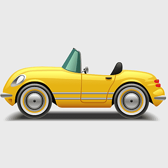yellow convertible cartoon, cartoon yellow sports car, cartoon yellow car, yellow car, vintage roadster, playful vehicle design, bright cartoon transport