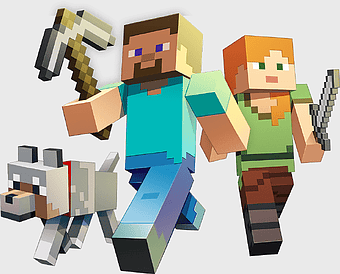 Minecraft Pocket Edition characters, Minecraft Story Mode Xbox 360, Mojang game illustrations, Minecraft toy figures, pixel art gaming characters, blocky video game art, digital sandbox game visuals