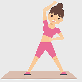 woman stretching illustration, physical fitness exercises, fit woman workout, cartoon fitness, active lifestyle cartoon, yoga pose illustration, health and wellness graphics