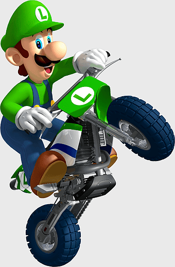 Luigi motorcycle, Mario Kart game character, Luigi video game art, Mario Kart Wii gameplay, Luigi in motion, racing cart illustration, Nintendo gaming series