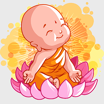 baby monk cartoon, orange-robed children monk illustration, happy Buddha character, meditation-themed children's art, spiritual enlightenment for kids, peace-loving cartoon monk, playful Buddhist