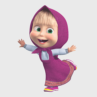 Masha and the Bear character, purple hooded child, animated toddler girl, Masha house cleaning games, cartoon girl in purple, playful animated character, kids' animated series